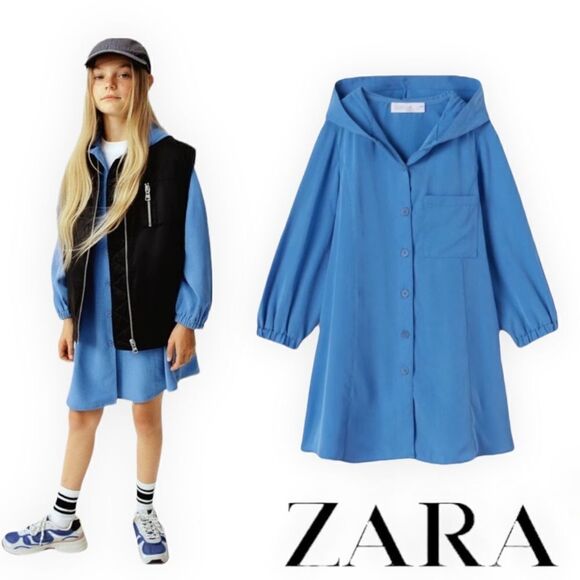 ZARA Kids | Blue | FLOWY HOODED DRESS - Picture 1 of 9